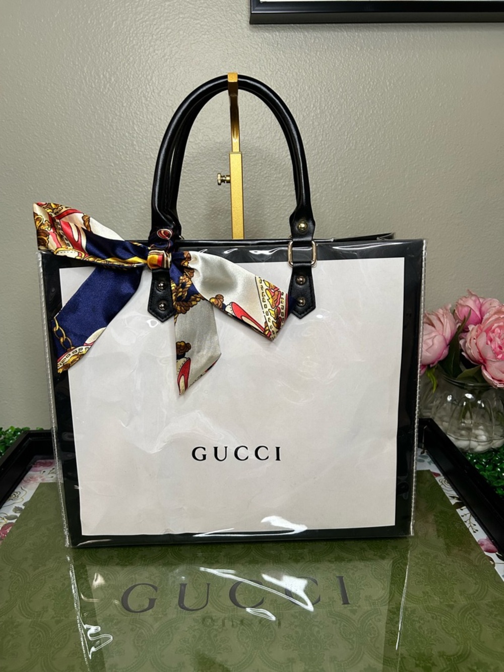 Gucci Shopping Bag with Transparent PVC and Multicolored Twilly Scarf Accent